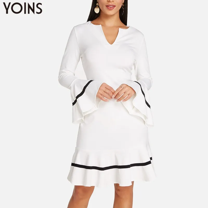 

Short Ruffles Hem Dress Women 2019 Spring Autumn Casual Loose Sexy V-Neck Long Flared Sleeves Sheer Midi Dress Vestidos Robe 2XL