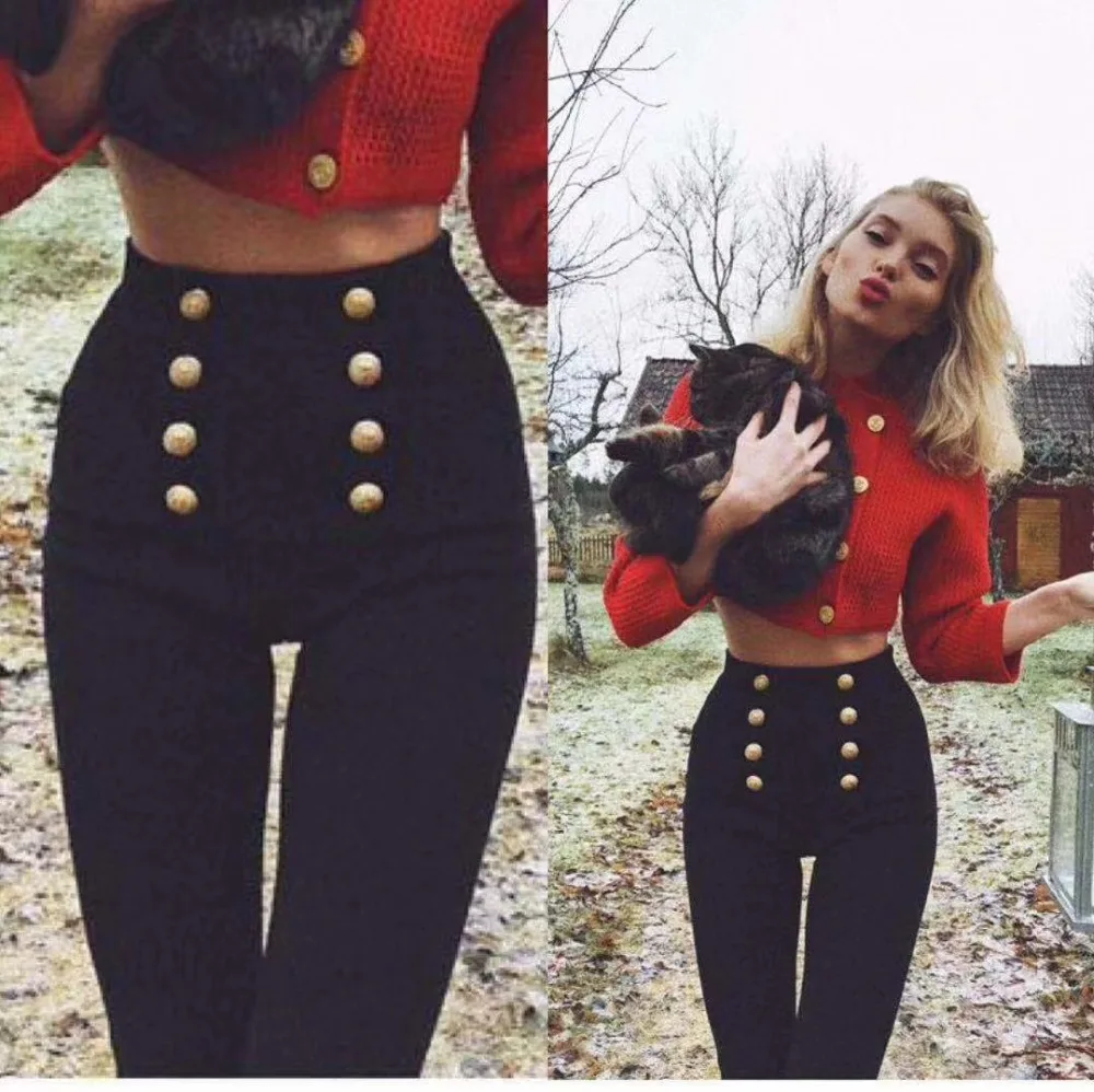 Top Quality Celebrity Black Double Button Beading Rayon Bandage Pants Fashion Bodycon Pant Top Quality Celebrity Black Double Button Beading Rayon Bandage Pants Fashion Bodycon Pant