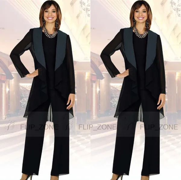 Black Long Jacket 2015 Mother of the Bride Pant Suits with Long Sleeve Plus Size Three-Piece Mother's Formal Wear Evening Groom Gowns Cheap