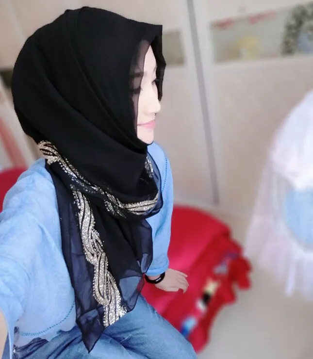 Мусульманские шарф жемчужный шифон Золотой Длинный шарф Хуэй женский шарф хиджаб#8140