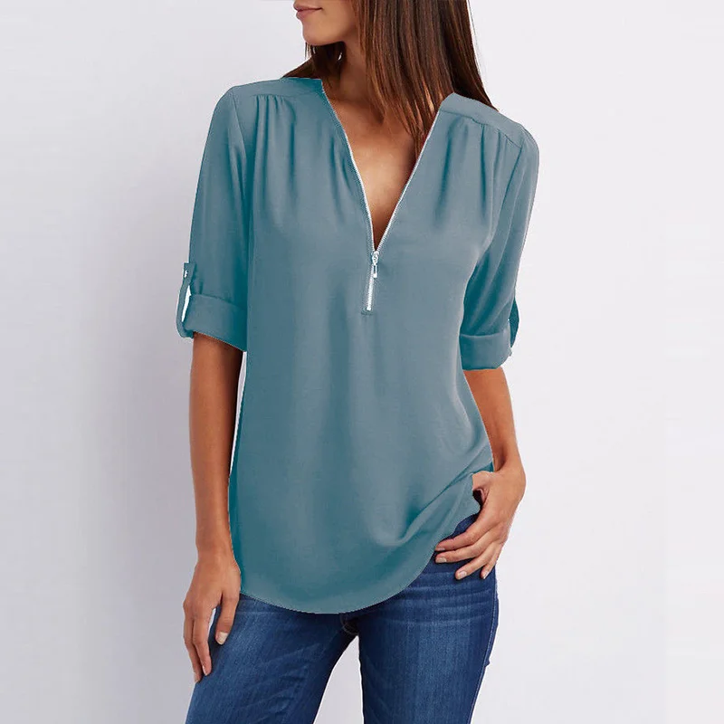 2019 Newly Hot Women Summer Chiffon Shirts V Neck Pullover Zipper Loose Long Sleeves Casual Tops MSK66