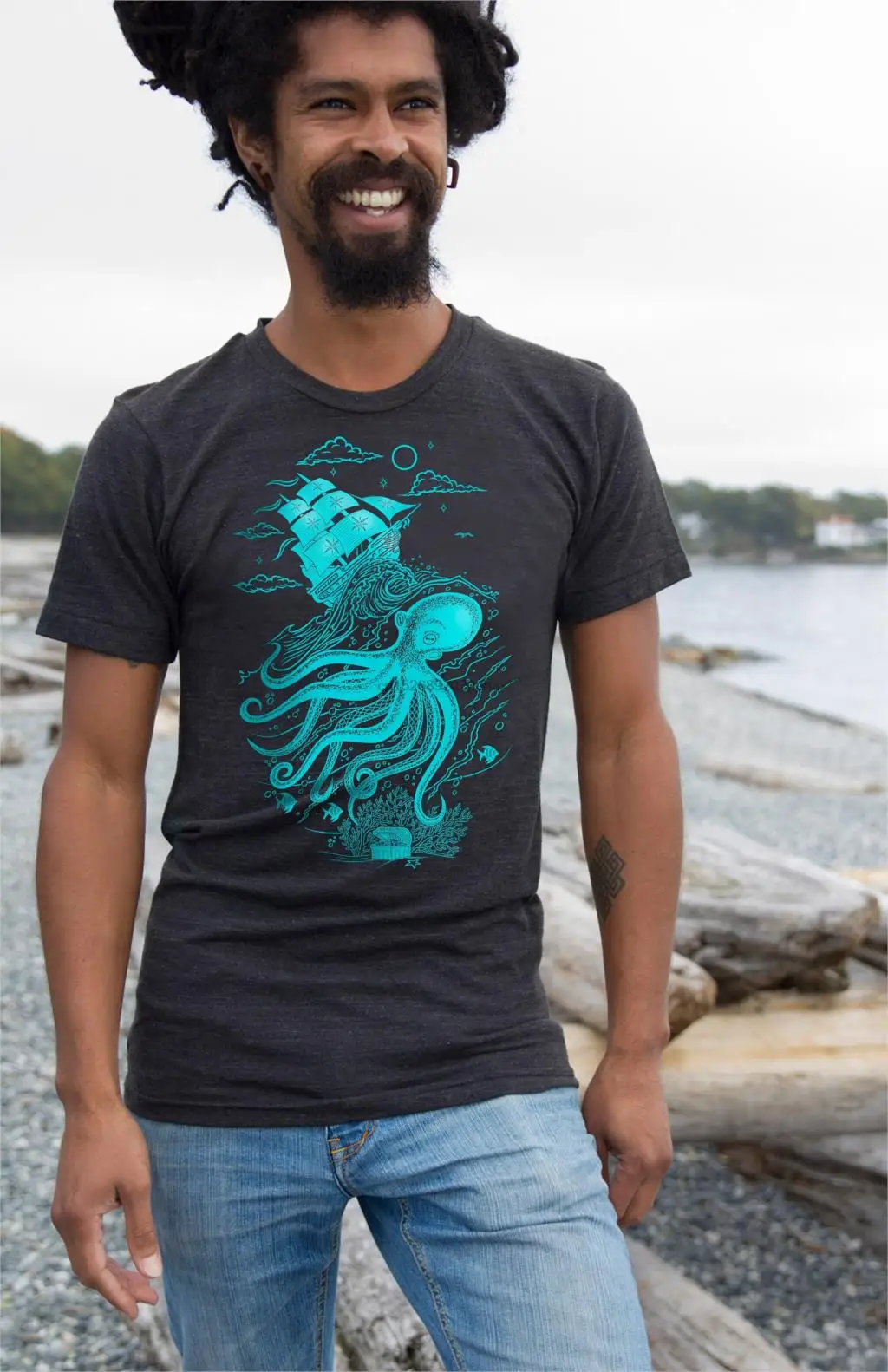 

Kraken Screen Print Shirt Squid T Shirt with Pirate Ship Boyfriend Birthday Gift Octopus Print on Mens Black Tri Blend