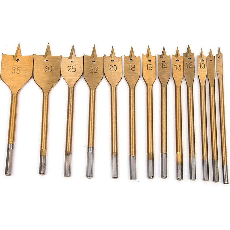 

13 Pcs Flat Spade Drill Bits Set Titanium Coating Wood Boring Bit 1/4 inch Hex Shank Woodworking Power Tool Accessories