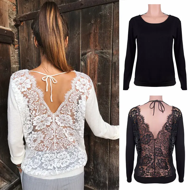 

Sexy Women T-shirt Long Sleeve Loose Lace Casual Backless T-Shirts Summer Tops T-Shirt Women Clothes New Fashion