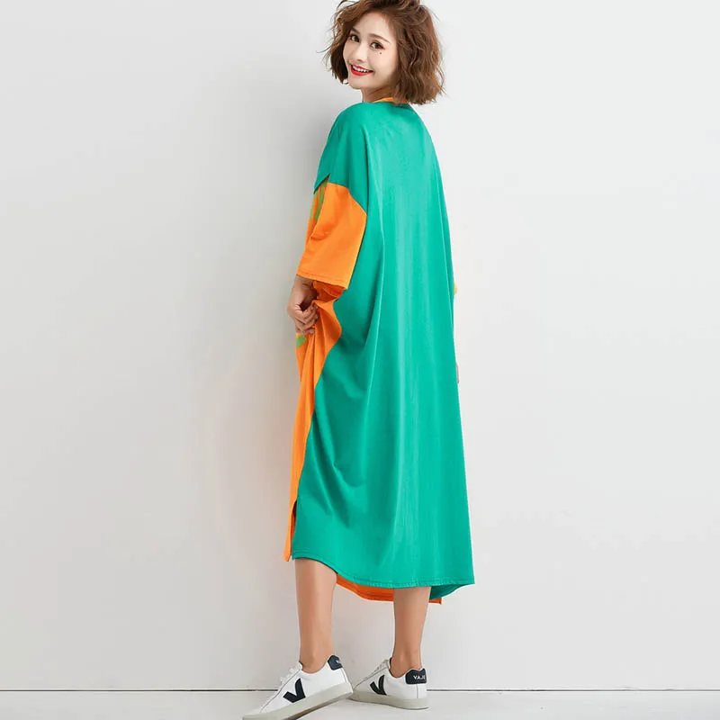 Платье размера плюс из двух частей в стиле пэчворк, корейское платье с буквенным принтом, макси-футболка, платья для женщин, большое свободное Хлопковое платье, 4XL 5XL 6XL
