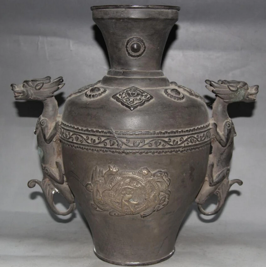 

Elegant old S5624 11" Old Chinese Dynasty palace Bronze Silver Dragon Beast handle Bottle Vase statue