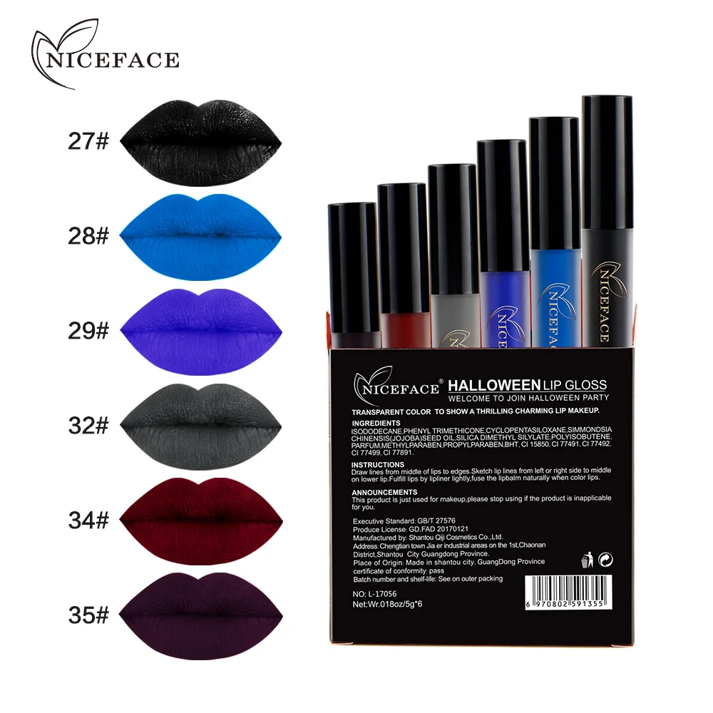 

New niceface Brand Waterproof Lip Gloss Lot Makeup Dark Red Blue Black 6pcs Velvet Lip Liquid Matte Lipstick Set Lipgloss Set