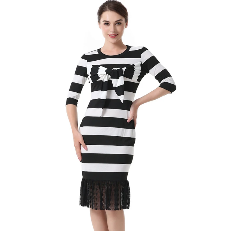 

Women's summer round neck striped stitching fishtail dress Slim fashion temperament elegant dress
