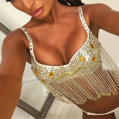

2019 Diamond Gold Silver Sequined Womens Tank Tops Sexy Spaghetta Strap Vest Hollow Backless Nightclub Party Camis Tops For Lady