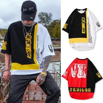 

Original T-shirt Men's Wear Stitching Personality Leisure Loose Hip-hop Round Collar Short Sleeves