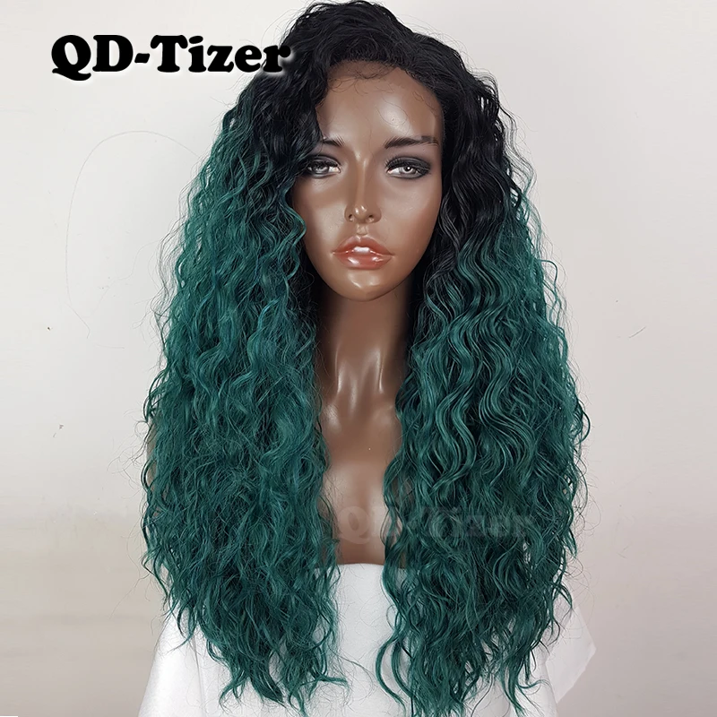  QD-Tizer Green Color Hair Synthetic Lace Front Wigs Loose Curly Ombre Wigs Green Hair Wig with Baby
