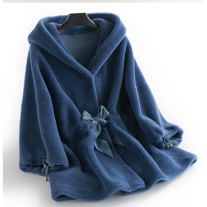 Women Winter Real Fur Overcoat Sheep Shearing Lady Casual Warm Natural Sheep Genuin Lamb Wool Fur Coat Hooded And Belt Coat V269