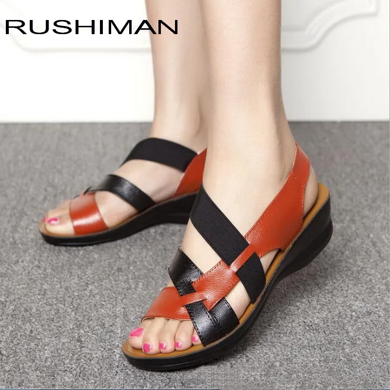 

RUSHIMAN 2018 New Style Leather Female Wedges Slippers Women'S Beach Shoes Women'S Leather Sandals Mother'S Shoes Size 35-40
