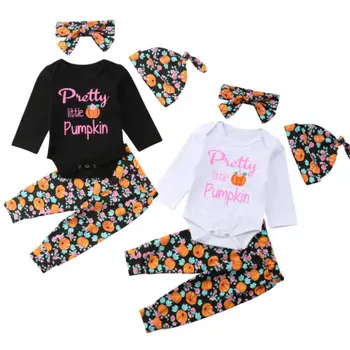 

4Pcs Newborn Baby Girl Cotton Long Sleeve Tops Romper Floral Pants Leggings Hat Headband Outfit Clothes Set