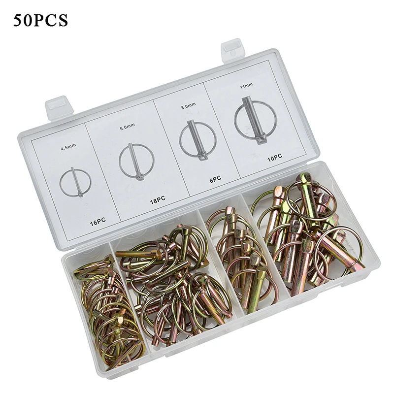

Heavy Duty Lynch Pin Lynch Pin Assortment Kit 50Pcs Farm Tractors 3 Point Hitch Steel Trailer Trucks Mowers 7/16inch