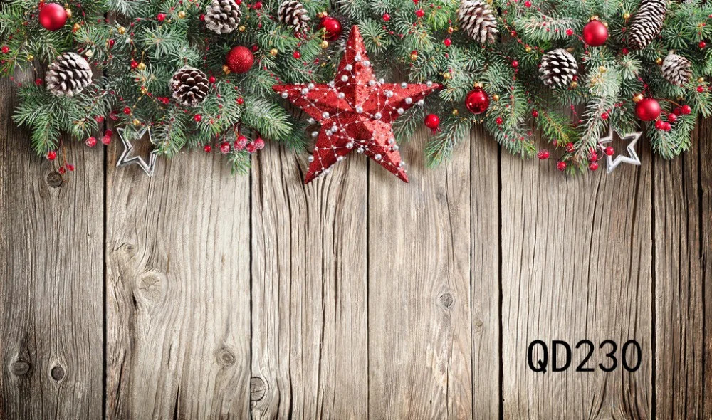 

Seamless Washable No Crease Wooden Plank Pine Leaves Red Star Polyester Backdrop Background Photography Studio Prop Photographic