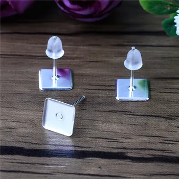 

(Fit 6*6mm Square Cabochon) 200pcs Silver Plated Ear Studs Earring Settings Base Cabochon Cameo Accessories (With Back)