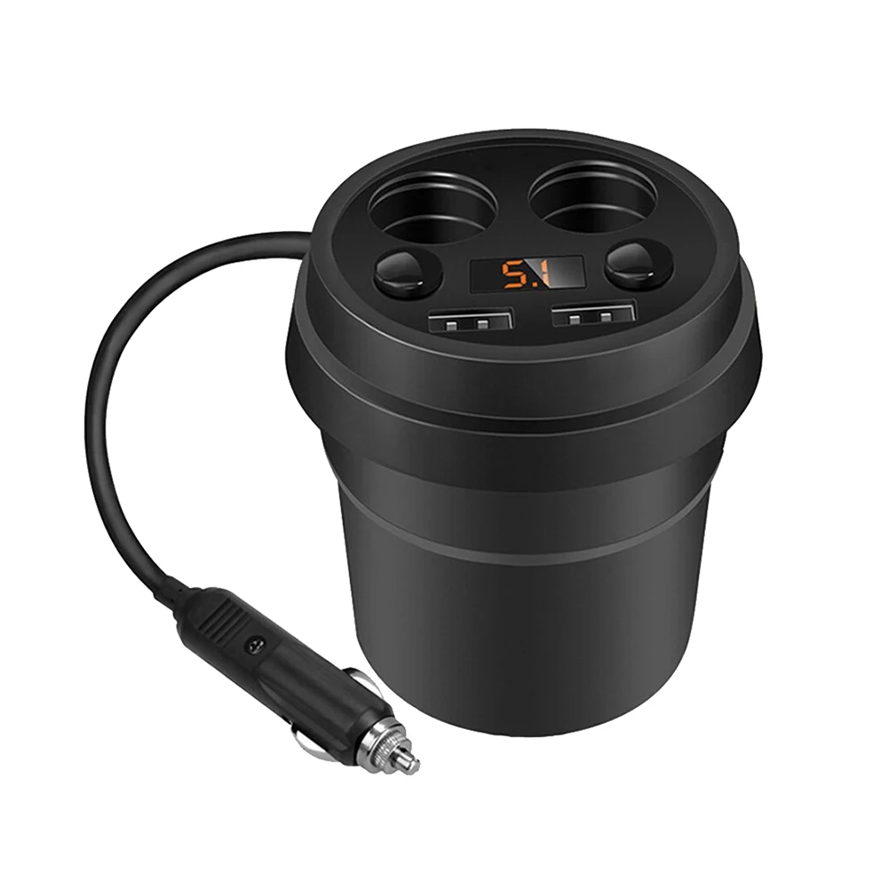 Car Cigarette Lighter Car Charger Cup Holder 2 USB with 2Socket Cigarette Lighter Adapter DC Outlet Splitter LED Voltage Display