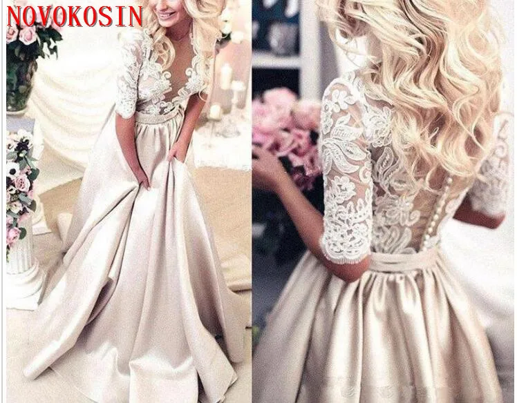 

Champagne Wedding Dress With Pockets A-Line Lace Applique Satin Half Sleeves Deep V Neck See though vestido de novia Bridal Gown