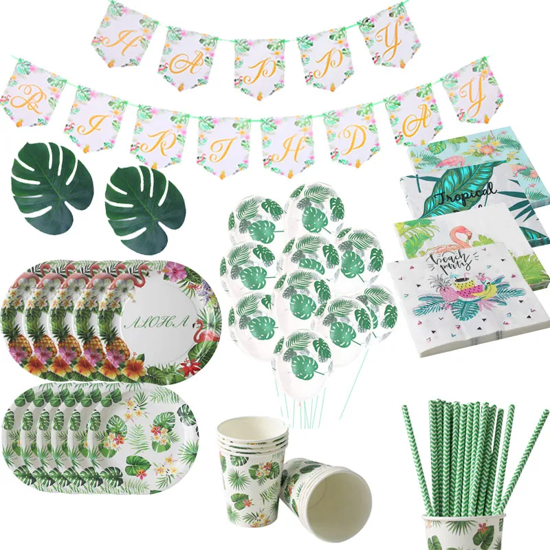 MEIDDING Happy Birthday Party Tropical Party Banner Aloha Disposable Tableware Napkin Supplies Palm Leaf Balloons Flamingo Decor