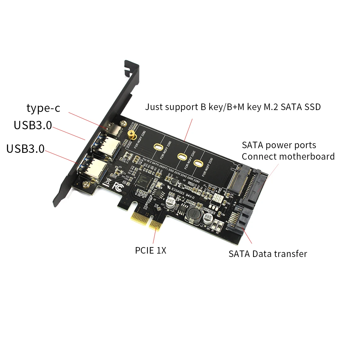 Dual USB3.0 1 port Type-c M.2 PCIe Adapter M2 SSD SATA B Key to PCI-e 3.0 Controller Converter Card For NGFF 2280 2260 2242 2230