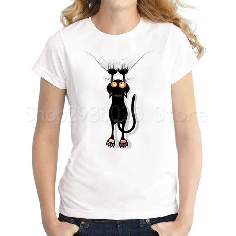 

2018 Womens Brand Clothing Summer Women T Shirt Short Sleeve O-neck Casual Funny Black Cat Tops Tees Female Ladies T-Shirt