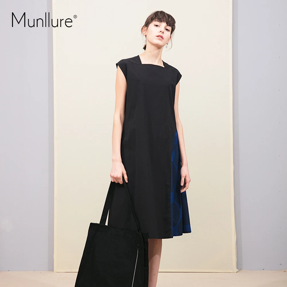 Munllure оригинальный дизайн модные черные Женские платья квадратным воротником без