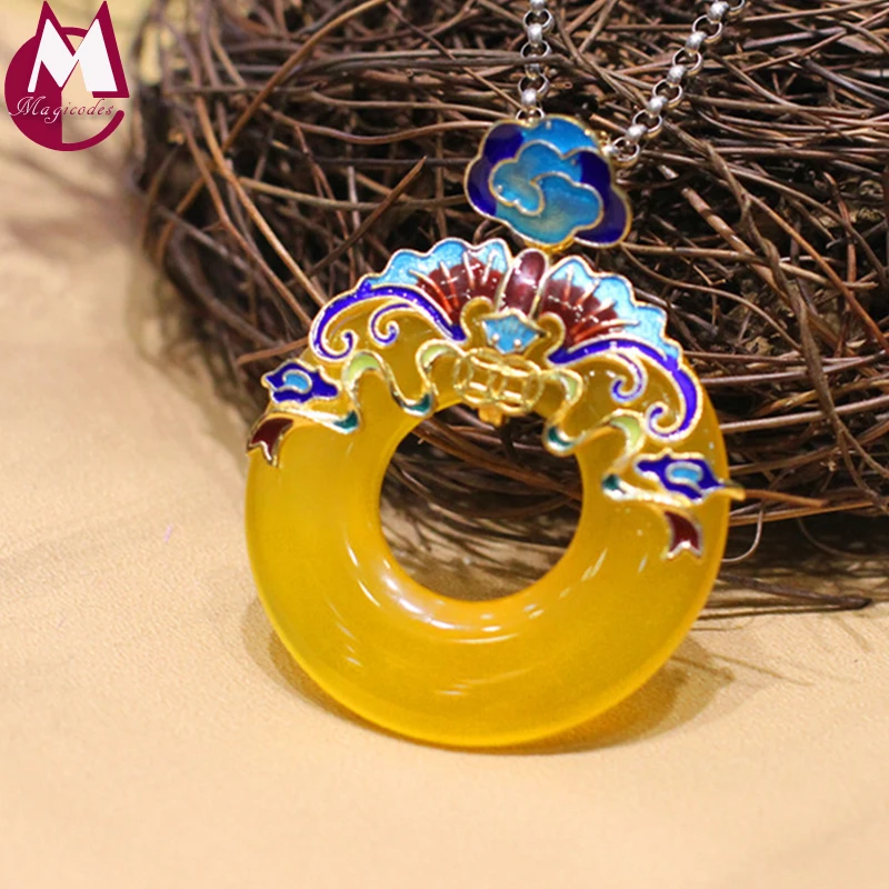 

100% 925 Sterling Silver Necklace Pendant For Women Round Yellow Chalcedony Jade Pendant Enamel Fine Flower Mother Jewelry SP43