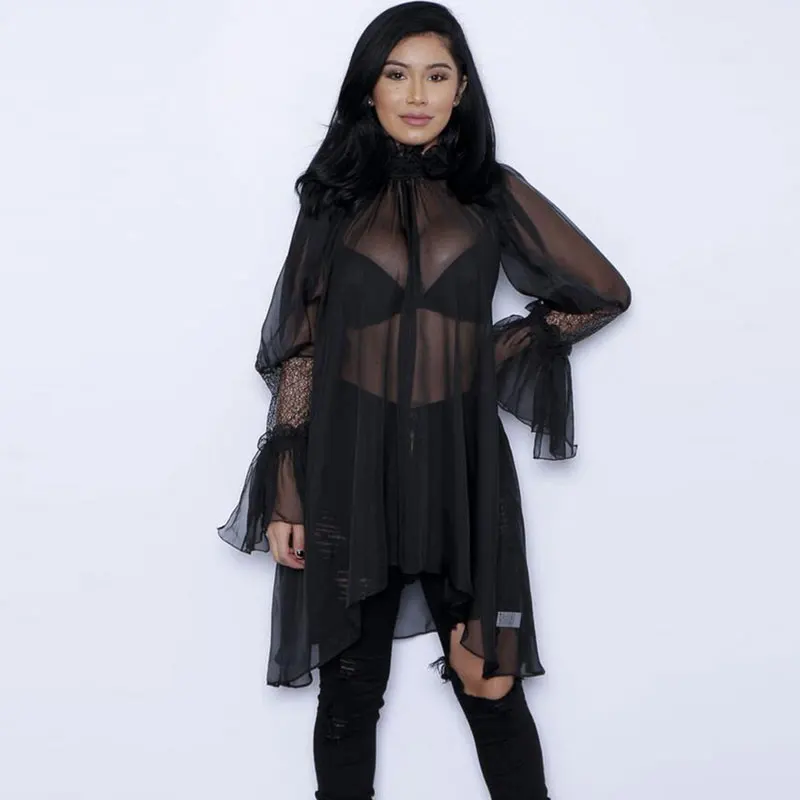 En Ligne Sexy Sheer Chemisier En Mousseline Chemises Femmes Manches Longues Patchwork Blusas Feminino Nouveauté Couverture Ups Plus La Taille Femmes de Chemise Longue Tops