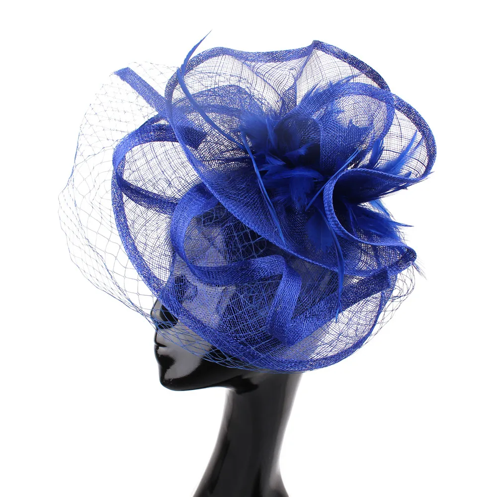 

Millinery Sinamay Material Fascinator Headwear Royal Blue Women Wedding Kentucky Headpiece with Veils Cocktail Event Hats XMF51