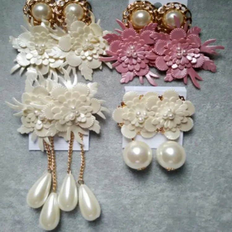 White & Pink lace leather flower pearl earrings fashion jewelry