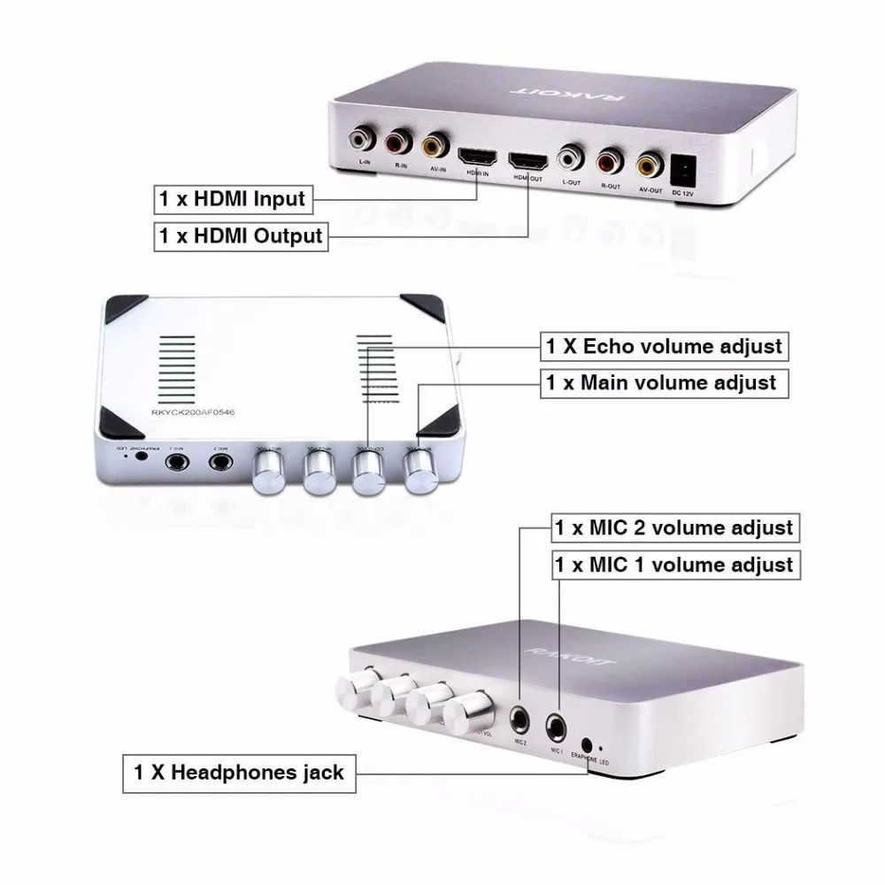  Portable Digital Stereo Audio Echo System Machine HDMI Karaoke Mixer Amplifier with 2 Mics Works wi