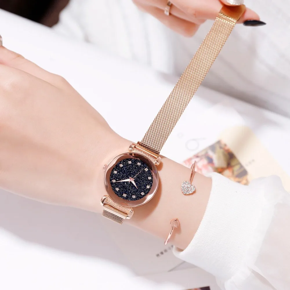 

New Fashion Flower Mirror Luxury Diamond Women Watches Women Starry Sky Magnetic Mesh Female Wristwatch relojes zegarek damski
