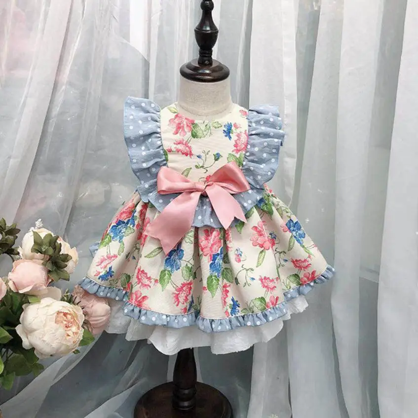 Детское Эксклюзивное платье с цветочным рисунком для девочек, детское платье в стиле испанского дворца для дня рождения в стиле ретро для первого дня рождения, одежда для малышей - Цвет: Небесно-голубой