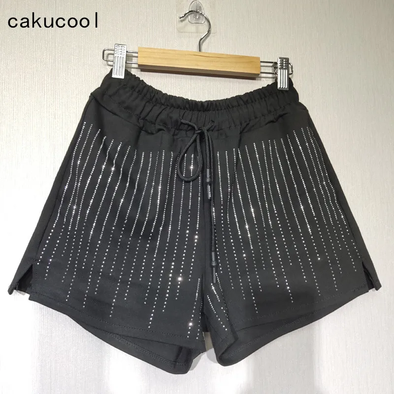 

Cakucool Women Summer Shorts Stamping Diamonds Wide Leg Shorts Sequined Bling Casual Black Shorts Capris Plus Size Female