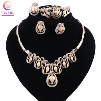 

CYNTHIA Nigerian African Costume Jewelry Sets Gold-Color Crystal Chunky Necklace Bracelet Earrings Ring Set for Women Wedding