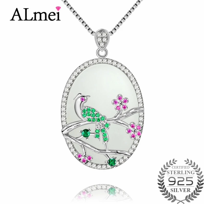 

Almei Harmonious Jade Bird on the Branches Lucky Pendant in China 925 Sterling Silver Fine Jewelry Wedding Gifts with Box CN048