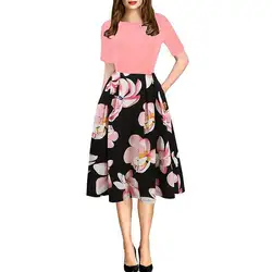 Элегантные с круглым вырезом лоскутное Рубашка с короткими рукавами женское платье с цветочным принтом Офисные женские туфли платья