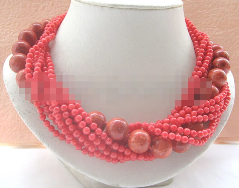 

Beautiful 10row 18" 4-5mm & 14mm round red coral necklace - pearl clasp (A0325)