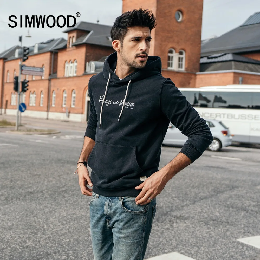 SIMWOOD 2019 spring New Hoodies Men Slim Fit Vintage Letter Fashion Hip