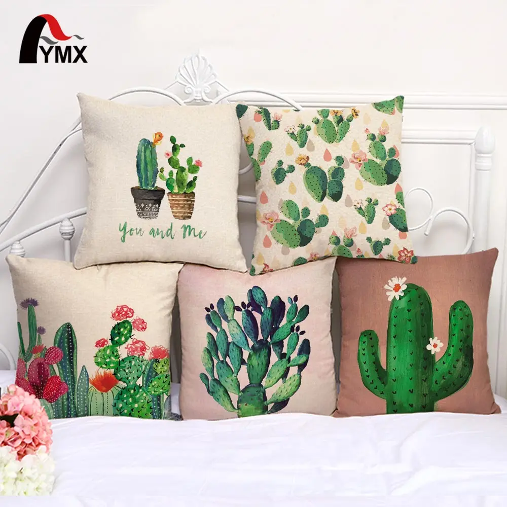 18" Cactus Print Cushion Case Cotton Linen Cushion Cover Sofa Home Decor 