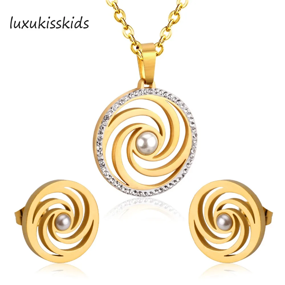 

LUXUKISSKIDS Chic Style Gold Color Stud Earring Charm Crystal With Imitation Pearl Round Pendant Necklace For Women Jewelry Sets