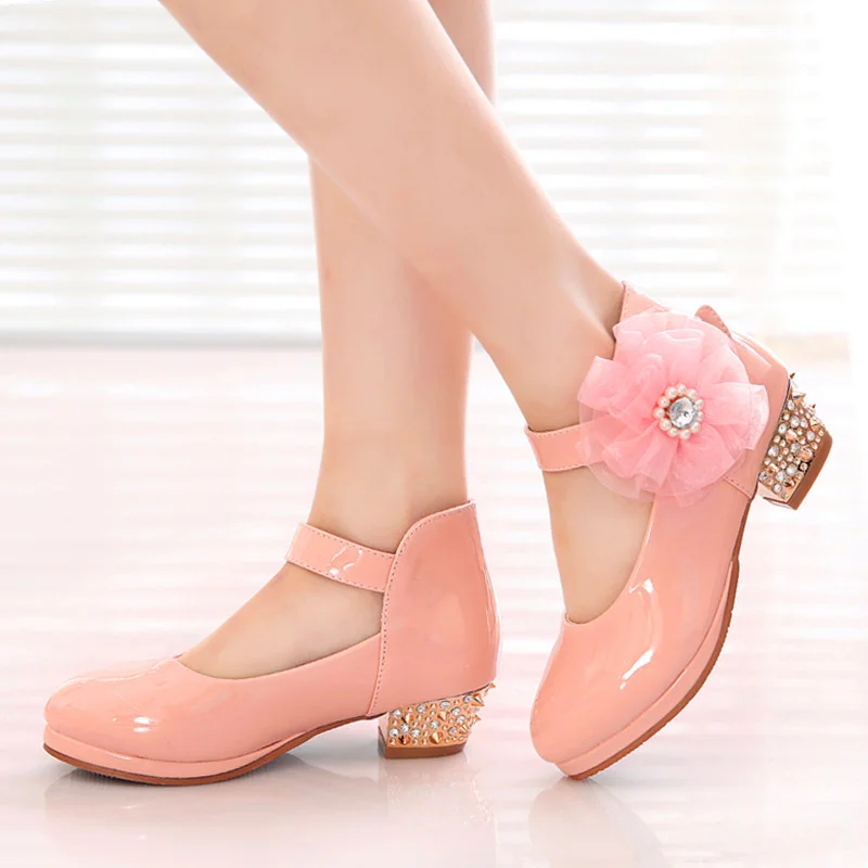 Fathion New Big Pearl Flower Girls PU Leather Shoes For Girls Party Dance Children Shoes Girls Princess High Heels Wedding Shoes