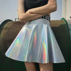 Женская мини-юбка из искусственной кожи, короткая юбка-Скейтер, блестящая черлидер, высокая талия 2019, повседневные летние модные юбки