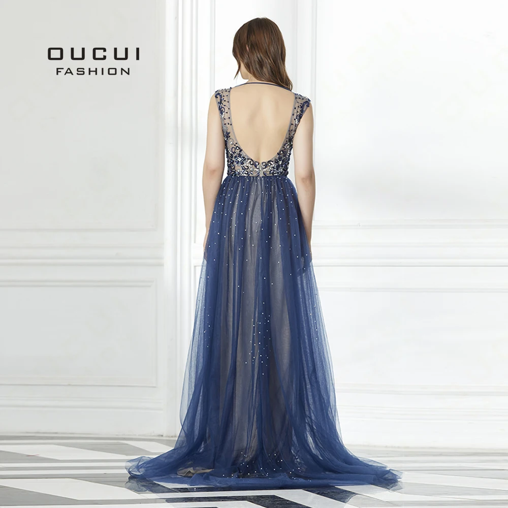 Hard Beading Navy Blue With Train Evening Dress Long Diamond Crystal Tulle Formal Abiye Vestido De Noche Real Photo OL103090 Hard Beading Navy Blue With Train Evening Dress Long Diamond Crystal Tulle Formal Abiye Vestido De Noche Real Photo OL103090