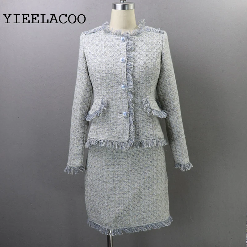 

Light blue tweed jacket + skirt suit 2019 autumn / winter new women's jacket Slim ladies small fragrance skirt 2 piece suit