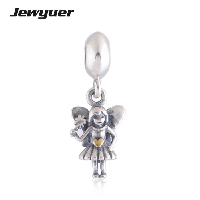 

Fairy Dangle Charms 925 Sterling Silver with golden heart beads fit Bracelets necklace DIY Making fine Memnon Jewelry Wholesale