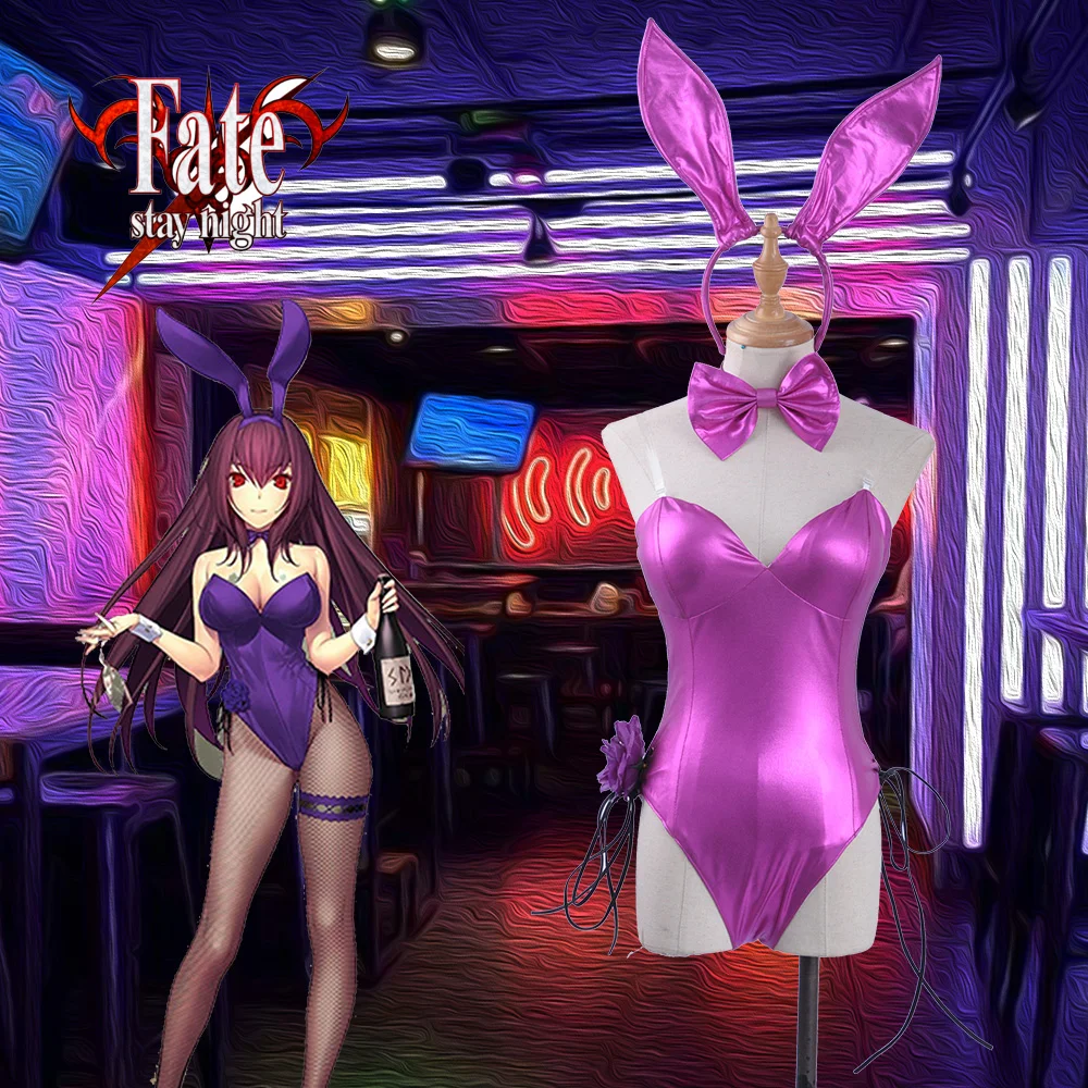 

In Stock Fate Cos FGO Scathach Cosplay Costume lingerie Rabbit Girl Sexy Jumpsuits Fuchsia Bunny Girl Swimsuit Fishnet Stockings