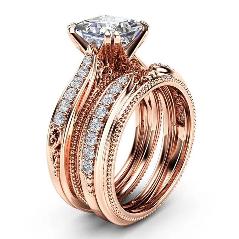 Elegant Wedding Engagement Rings Set 2pcs/Set Rose Gold Color