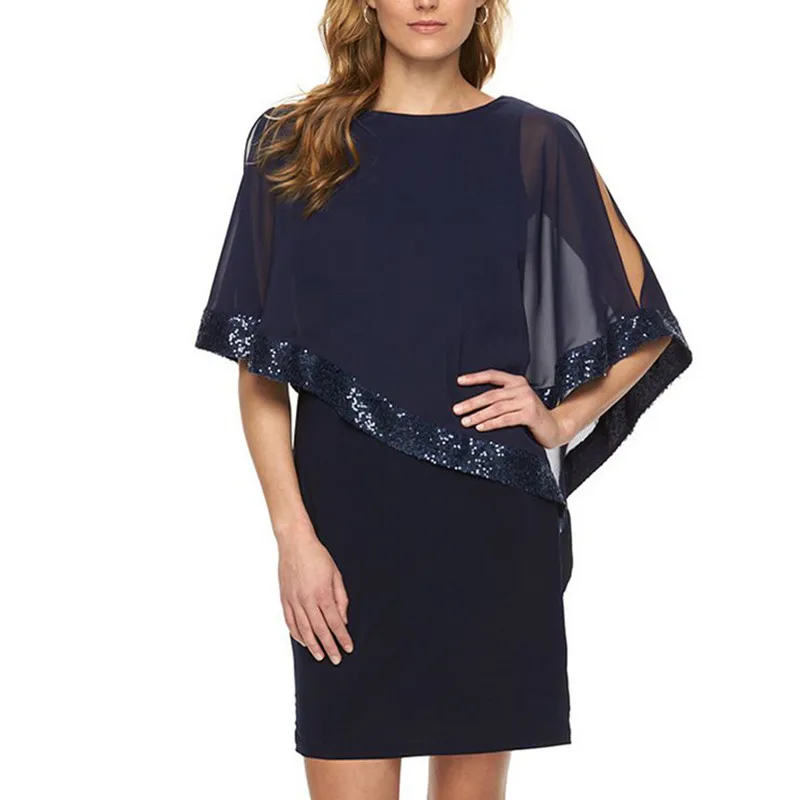 Wonder 2019 new spring Summer Women Sexy Sold Chiffon Dress Female Knee-Length Flare Sleeve Party Dress Women O-Neck Sequined